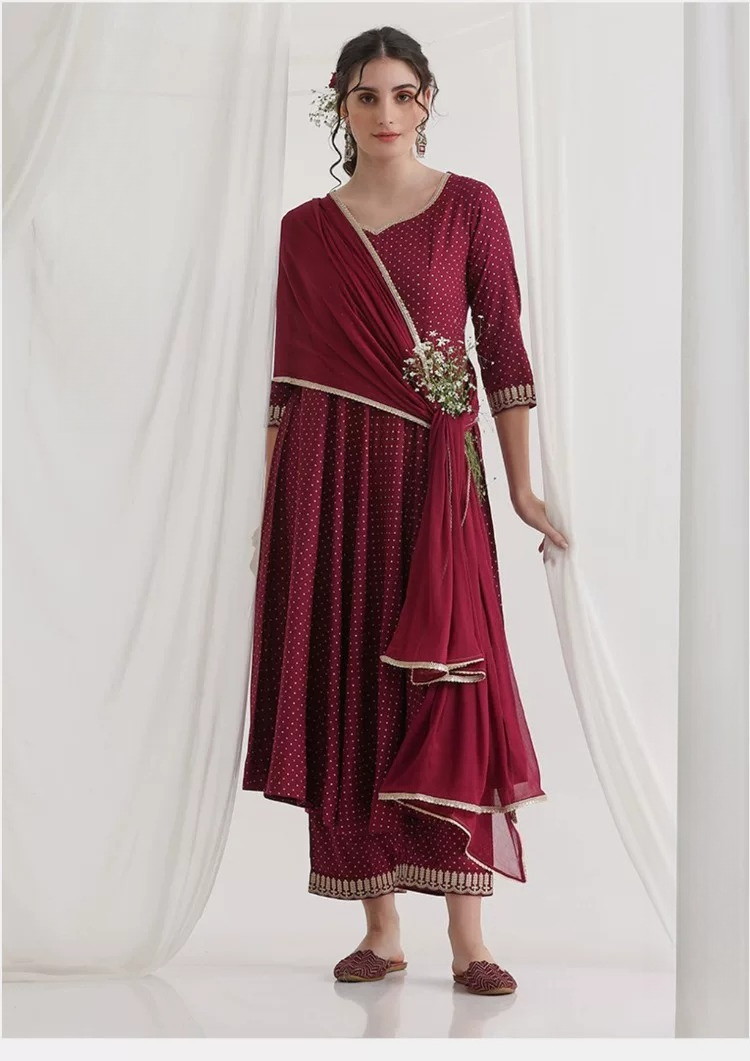 Summer Clothing Pakistan - Damski bordowy etniczny zestaw kurta z